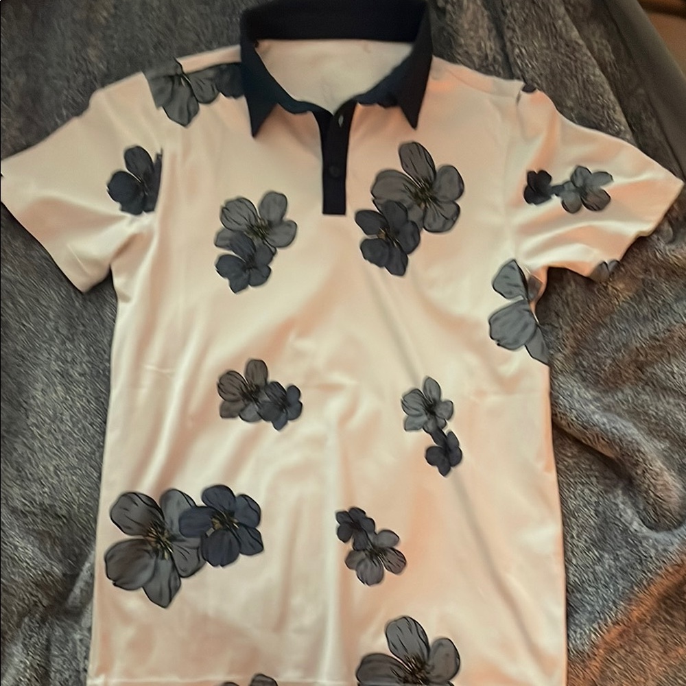 Floral Polo Shirt with Navy Collar